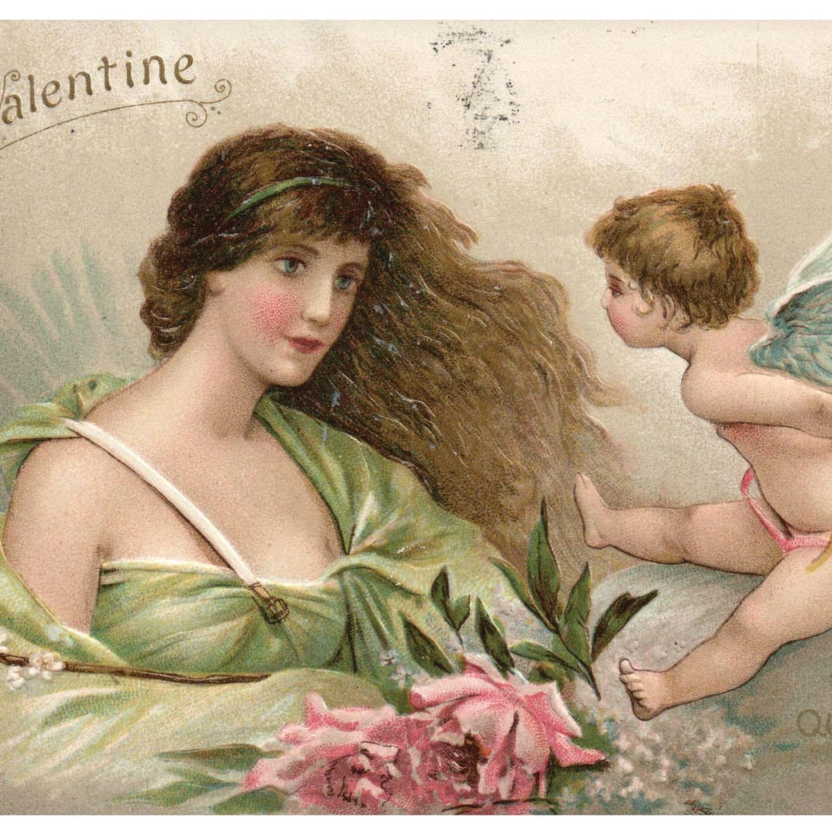 VINTAGE VALENTINE CARD E ROSEN COMPANY GIRL WITH FLOWERS LOLLIPOP UNUSED