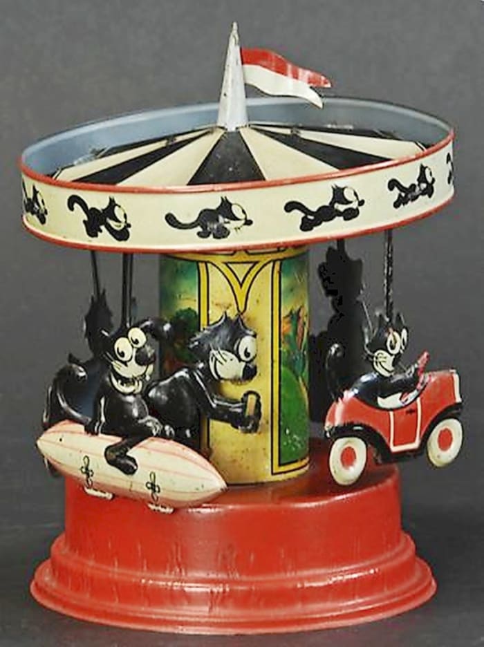 Guntherman Felix the Cat lithographed action windup rotating merry-go-round was the top lot of many featuring the feline and sold for $52,800 against an estimate of $15,000-$25,000.