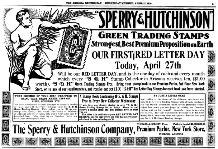 An S&H newspaper ad from the Arizona Republican, April 27, 1910.