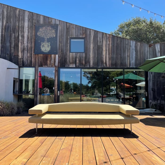 This early (possibly prototype) “Eshu” model sofa designed by Roger Sveian was found in Northern California. The owner reportedly acquired it at a San Francisco furniture expo.